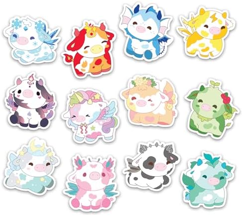 12PCs Fairy Cows Sticker Set, Chonky Magical Cows Waterproof Vinyl Stickers for Laptop Water Bottle Phone Case Tumbler, Cute Cow Angel Elementalist Decals Gifts for Teens Kids Boys Girls (Size 3")