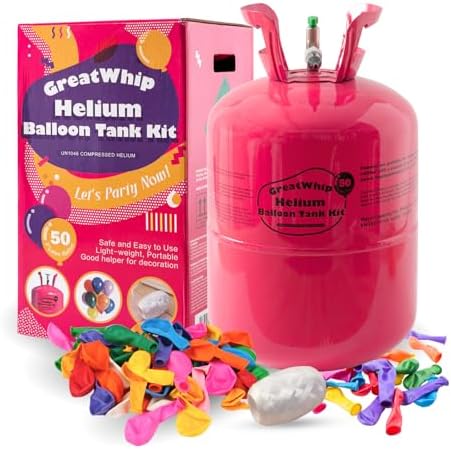 GreatWhip 13L Helium Tank Up To 50 Latex Balloons, Helium Tank For Balloons At Home, 50 Latex Balloons And Ribbons Included.