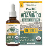 Organic Vitamin D3 10,000 IU - Plant D3, Vegan, Max Strength Sublingual Liquid D3 Drops - 200% Higher Absorption, 100% Plant-Based Cholecalciferol Form & Vegan D3, Adjustable Dosing (30 Servings)