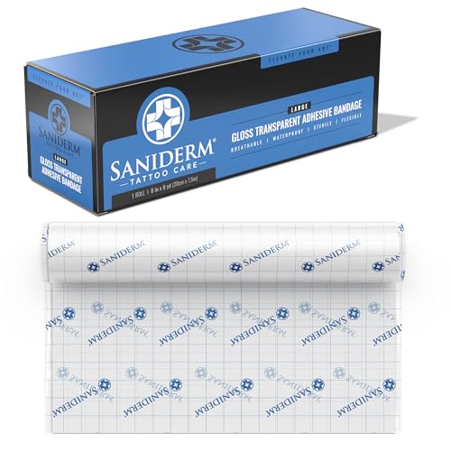 Saniderm Original Tattoo Aftercare Bandage (Large Roll, 8 in x 8 yd) – Convenient, Faster Tattoo Healing and Protection – Sterile, Waterproof, and Latex-Free Tattoo Aftercare Wrap – Gloss Finish