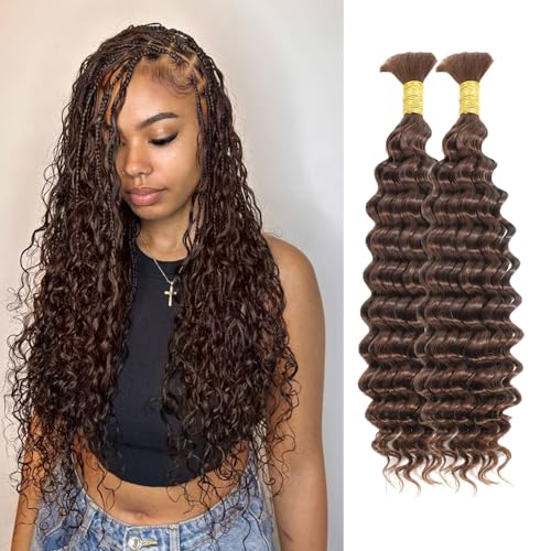 Chocolate Brown Braiding Hair Deep Wave Boho Braids 16Inch No Weft 100g 10A Brazilian Virgin Curly Human Boho Braiding Hair Wet and Wavy Color 4 Remy Hair Extensions