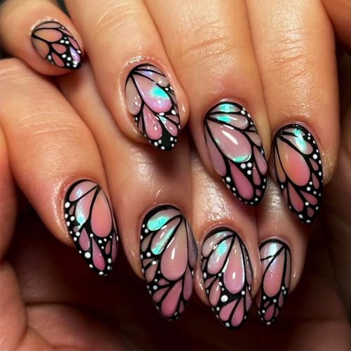 3D Butterfly Wings Press on Nails Green Gradient False Nails Black Curve Line Gel Glue on Nails Medium Almond Glossy Pink Ombre Acrylic Fake Nails Sparkly Powder Stick on Nail for Coquette Women 24Pcs