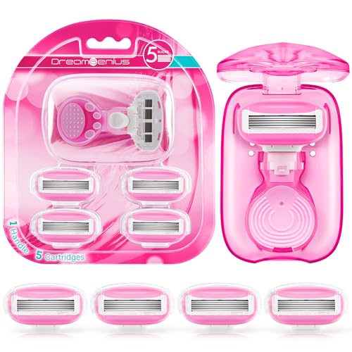DreamGenius Travel Razors for Women Include 1 Handle and 5 Cartridges, Extra Smooth 5-Blade Travel Essentials Razor with Case for Shaving, Pink