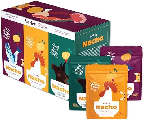 Made by Nacho Wet Cat Food Variety 12 Pack (3oz Each), Cage-Free Chicken, Sustainably Caught Salmon, Grass-Fed Beef with Bone Broth for Extra Hydration, Gravy Cut Pouches