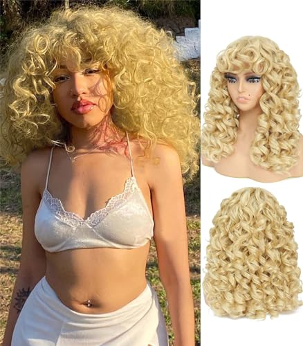 GKtineke-Blonde-Curly-Wig Big-Curly-Wigs-for-White-Black-Women 20 Inch- Long-Curly-Afro-Wig-with-Bangs Synthetic-Hair-Replacement-Wigs-for- Cosplay and Daily (Blonde)