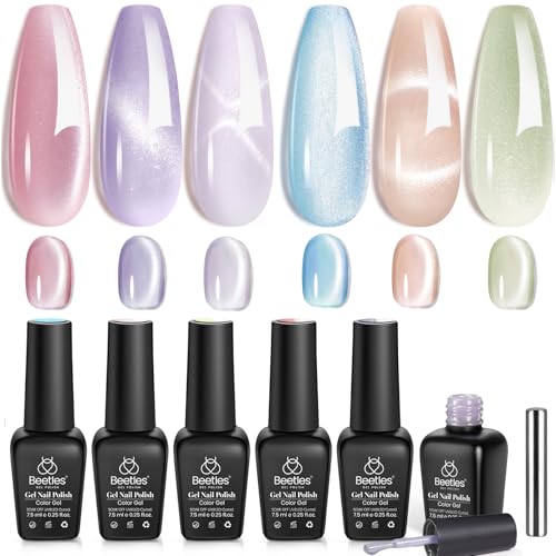 Beetles Cat Eye Gel Nail Polish Set, 6 Colors Jelly Pink Translucent Pastel Blue Green Purple Light Lucite Collection Sheer Gel Polish Soak Off LED Nail DIY Art Salon at Home Gifts for Women