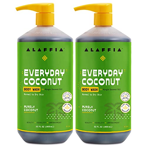 Alaffia Sensitive Skin Body Wash Pack, Everyday Coconut Body Wash for Men & Women, Natural Body Wash with Plant Based Ingredients, Coconut Oil, Coffee, Vitamin E, Purely Coconut (2 Pack-32 Fl Oz Ea)