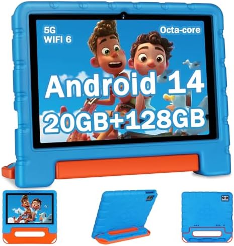 2025 Kids Tablet 10 inch Android 14 Tablets for Kid Octa-Core, 20GB+128GB (TF 1TB), Toddler Tablet with Shockproof Case, 2.4G+5G WiFi 6, Parental Control, Face Unlocked, Split Screen, BT5.0 (Blue)