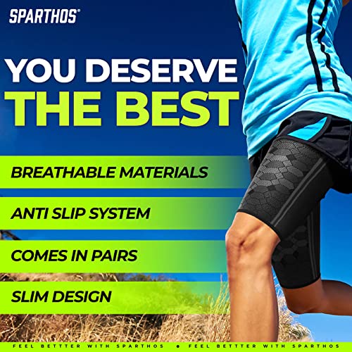 Sparthos Thigh Compression Sleeves (Pair) – Upper Leg Sleeves for Men and Women Support for Improved Blood Circulation Quad and Hamstring Recovery Sports Running Tennis Workout Basketball (Black-L)