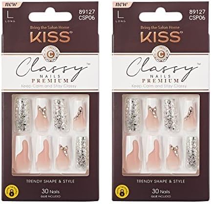 KISS Premium Classy Fake Nails - Stay Modish, Long & Square, Super Glam, Jewel Accents, Waterproof, Smudge Proof, No Dry Time, Durable, Takes Minutes, Quick & Easy | 30 Count (Pack of 2)
