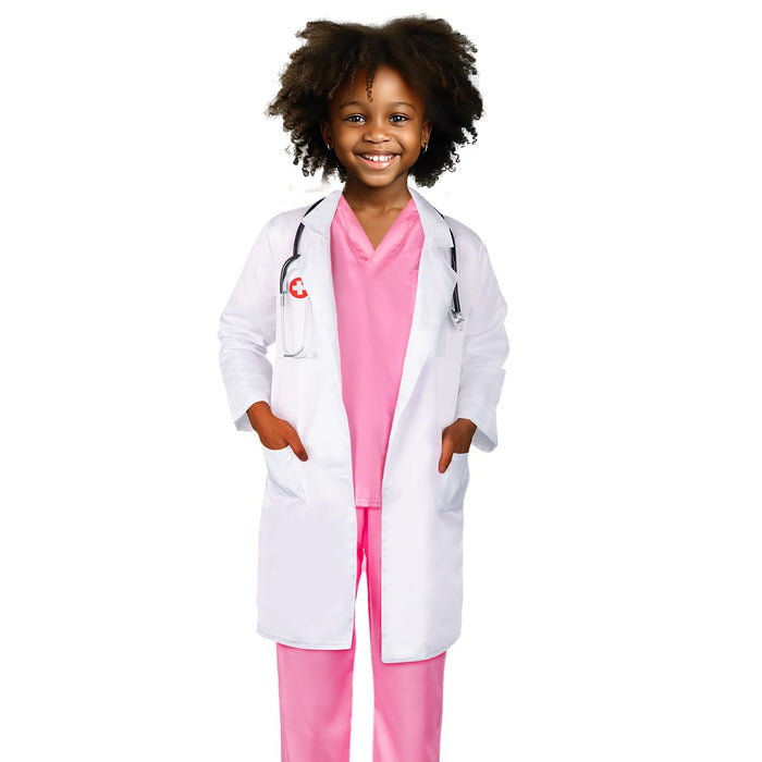 Meland Doctor Costume for Girls - Kids Scrubs with Lab Coat & Carry Bag, Doctor Dress Up for Halloween, Career Day Role Play(Pink,5-6 Years)