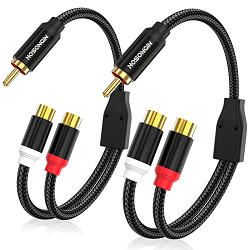 HOSONGIN RCA 1 Male to 2 Female Audio Splitter Cable, 2 Pack, Dual Shielded with 24K Gold-Plated Connectors, Ideal for Subwoofer, Amplifier, Home Theater, TV, and Car Audio, 12 Inches