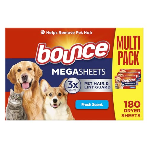 Bounce Pet Hair and Lint Guard Mega Fabric Softener Dryer Sheets with 3X Pet Hair Fighters, Fresh Scent, 180 Count (Packaging May Vary)
