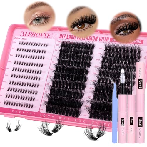 Fluffy Lash Clusters Kit with Bottom Lashes 320pcs Cluster Eyelash Extensions Kit Volume Individual Lashes Kit with Lash Bond and Seal Tweezers by ALPHONSE (150D+200D, 12-20mm)