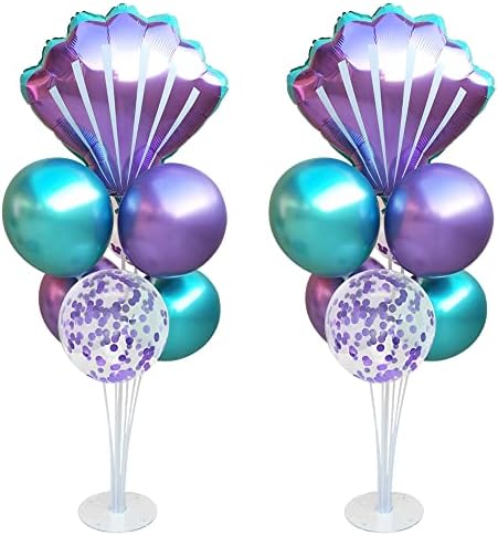 Mermaid Table Centerpiece Balloons Stand Kit 2 Sets with 2 Sea Shells Foil Balloons 14 Purple Blue Latex Balloons for Birthday Beach Mermaid Theme Sea Theme Party Mermaid Birthday Decorations