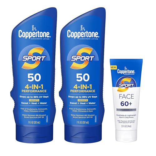 Coppertone Sport Sunscreen Pack, Water Resistant Sunscreen, Sport Sunscreen Lotion SPF 50, 7 Fl Oz Bottle (Pack of 2) + Sport Face Sunscreen Lotion SPF 60+, 2.5 Fl Oz Tube