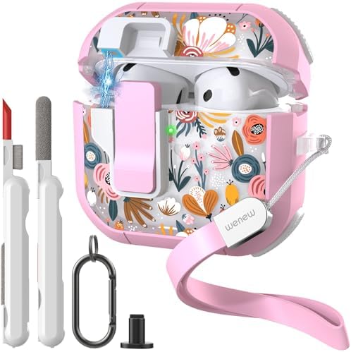 WENEW Case for AirPods 4th Case Cover Secure Lock Automatic Snap Switch Clip Cleaner Kit Lanyard Women Stylish Flower Aromr Hard Shell Full Body Front LED Visible (Pink Flower, AirPods 4th)