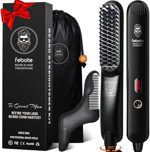 Heated Ionic Hair Straightening Brush for Men - 5 Temperature Settings, Anti-Scald, Beard Shaper & Travel Bag