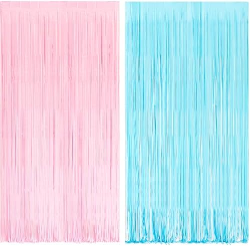 BRAVESHINE Tinsel Photo Backdrop Curtains - 2 Pack 3.2x8.2ft Pastel Pink Blue Foil Fringe Streamer Curtain for Boy or Girl Birthdays Sweet Donuts Easter Party Decorations