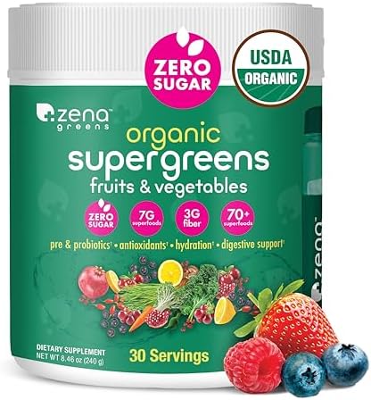 Zena Organic Super Greens Powder, 70+ Superfoods Drink Mix, 0 Sugar, 3G Fiber, Fruits, Veggies, Spirulina, Chlorella, Antioxidants, Pre & Probiotics, Digestive Enzymes, Mixed Berry Flavor, 30 Servings