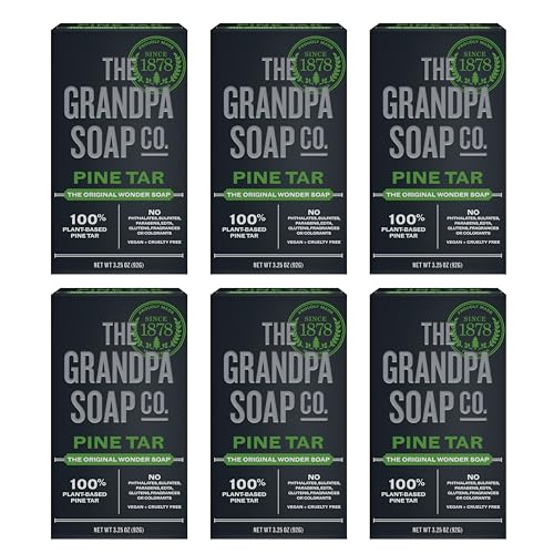 The Grandpa Soap Company Pine Tar Bar Soap for Men- Made With 100% Plant-Based Pine Tar Oil, 3 in 1 Cleanser Deodorizer and Moisturizer, Dermatologist Tested, Safe for Sensitive Skin, 3.25 Oz, 6 Pack