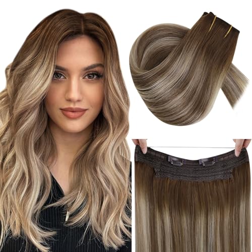 RUNATURE Invisible Wire Hair Extensions Real Human Hair Balayage Fish Line Human Hair Extensions Brown Roots Wire Can Be Adjusted Secure Fit Hair Extensions 18 Inch 80g