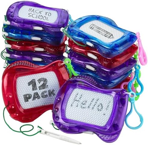 Bedwina Mini Magnetic Drawing Board for Kids - (Pack of 12) Backpack Keychain Clip Drawing Boards, Erasable Doodle Sketch Writing Pad Boys & Girls, Birthday Kids Party Favors