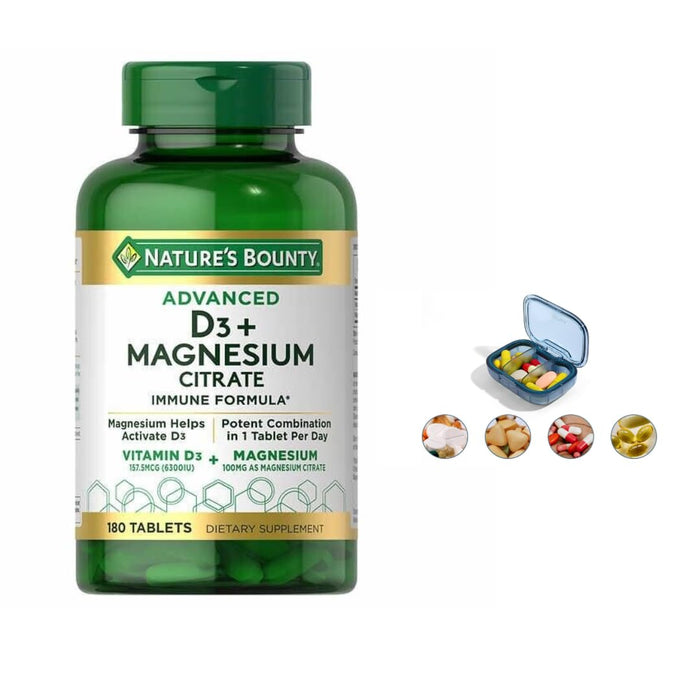 Natures Bounty Advanced Vitamin D3 with Magnesium Citrate Immune Formula, Supports Immune and Bone Health, 180 Tablets, with Pill Case (1)