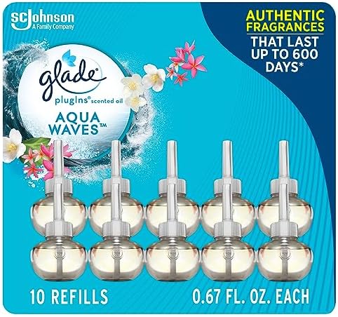 Glade PlugIns Scented Oil 10 Refills, Air Freshener, Aqua Waves, 10 x 0.67 oz, Packaging May Vary