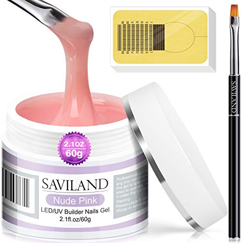Saviland Builder Nail Gels Kit - 60 g Nudes Pink Nail Extension Gel Set Nail Strengthen Hard Gel Nail Art Manicure Set with Acrylic Nail Brush & 100PCS Nail Forms for Beginners