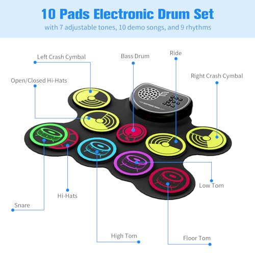 Miortior Electronic Drum Set, 10 Pads Roll-up Drum Practice Pad with Drum Pedals & Drum Sticks, Portable Drum Pad Machine Built-in Speaker with Headphone Jack, Great Christmas & Birthday Gift for Kids