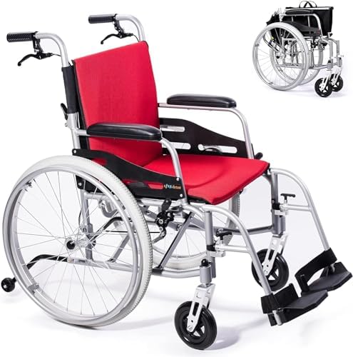 Magnesium Lightweight Wheelchair - 21lbs Self Propelled Chair with Travel Bag & Cushion, Folding 17.5” W Seat, Park & Brake Anti Tipper, Swing Away Footrests, Ultra Light, Red+Black