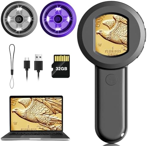 Pocket Digital Microscope for Adults Kids: 100X Handheld Magnifying Glass with Light, USB Coin Magnifier for Collector, Portable Jewelers Loupe with 2" Screen, Mini Scope for Trichome
