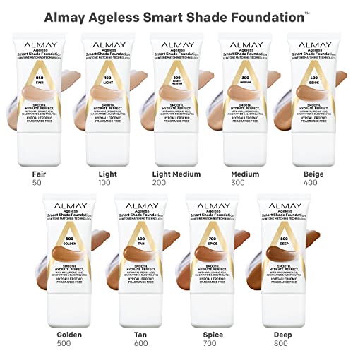 Almay Anti-Aging Foundation, Smart Shade Face Makeup with Hyaluronic Acid, Niacinamide, Vitamin C & E, Hypoallergenic-Fragrance Free, (200 Light Medium,) 1 Fl Oz (Pack of 1)