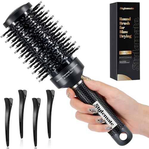 Round Brush, Nano Thermal Ceramic & Ionic Tech Round Barrel Hair Brush with Boar Bristles, Roller Brush for Blow Drying, 4 Free Clips (Black, 2.4 Inch, Barrel 1.3 inch, 32mm)