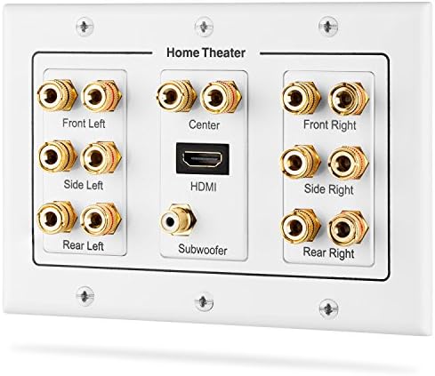 Fosmon HD8006 3-Gang 7.1 Surround Distribution Home Theater Gold Plated Copper Banana Binding Post Coupler Type Wall Plate for 7 Speakers, 1 RCA Jack for Subwoofer & 1 HDMI Port