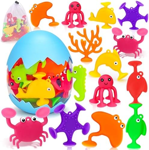 Toddler Suction Bath Toys, Ocean Animal Suction Cup Toys with Eggshell & Bag No Hole Mold Free Bathtub Shower Toy Party Favors for Kids Sensory Window Toys for 2 3 4 5 Year Old Boys Girls Easter Gifts