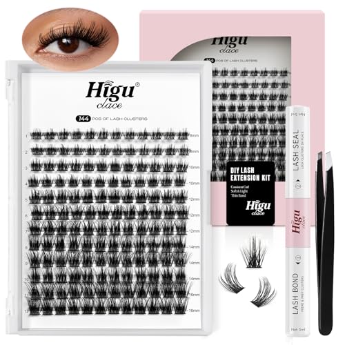 Higu clace DIY Eyelash Extension Kit, 144pcs D Curl Lash Clusters, 8-16mm Softy Cluster Lashes, with Lash Bond and Seal, Lash Tweezers, Reusable Fluffy Cluster Eyelash Extension Kit(R-08 Kit)