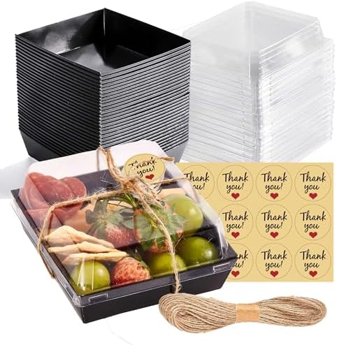 50 Pack Small Charcuterie Boxes with Clear Lids - To Go Paper Mini Charcuterie Box, Disposable Food Containers, 5Inch Dessert Boxes - Sandwich, Cookie, Sushi, Cake Slice, Strawberries (Black)