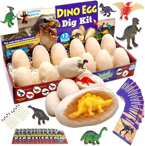 DANCING BEAR Dinosaur Egg Dig Kit Party Pack for 12 Kids, Excavate 12 Surprise Dinosaurs, Instruction Guides & ID Cards, Paleontology STEM Education, Fun Science Activity Gift Sets for Girls and Boys