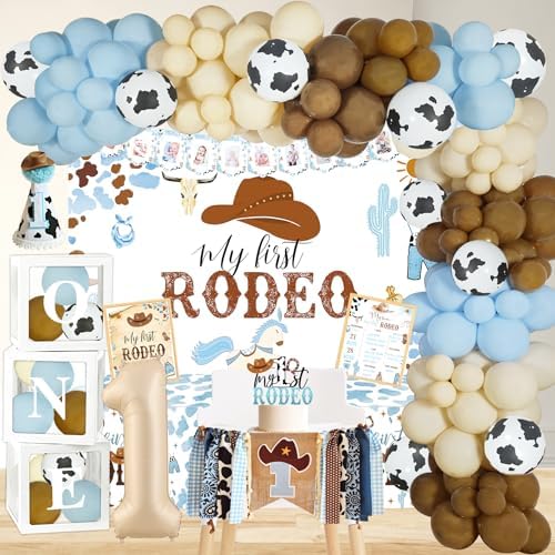 Cowboy 1st Birthday Party Decorations, My First Rodeo Birthday Party Supplies, Cowboy 1st Birthday Balloon Arch Balloon Box Photo Banner Highchair Banner Crown foy Baby Boy 1st Birthday