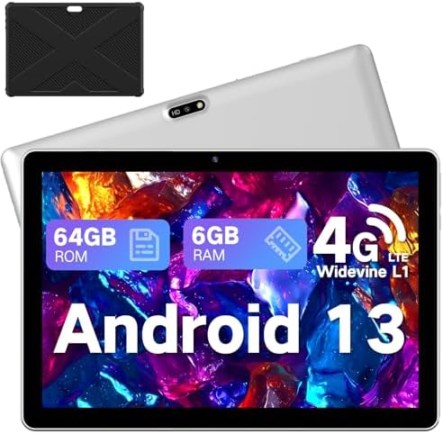 Tablet 10.1 inch Android 13 Tablets, 2025 Cellular Tablets with SIM Card Slot, 6GB+64GB, Support 1TB Expand, Tablet with Case,1280x800 IPS, 5MP+8MP 5000mAh, Bluetooth GPS 5G Wifi Tablet Gifts (Silver)