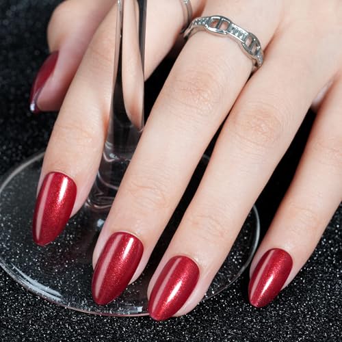 Red Press on Nails Almond, Jofay Fashion Soft Gel Fake Nails, Wine Red Glitter Press on Nails, Reusable & Natural Acrylic False Nails, Stick on Nails for Women Gift, Glue on Nails Kit 32 Pcs