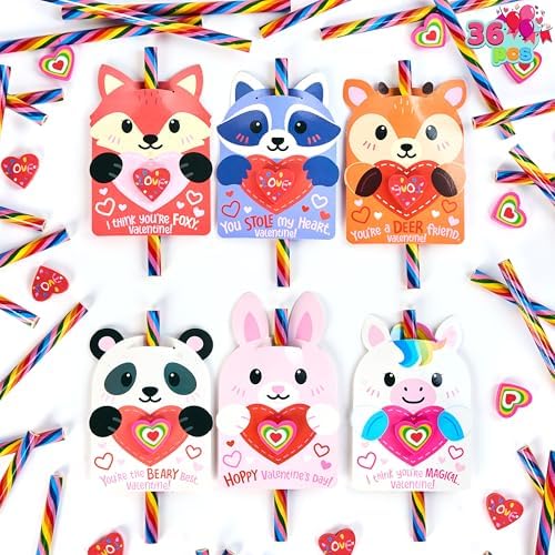 JOYIN 36 Packs Valentines Rainbow Pencil, with Animal Head Greeting Cards and Erasers for Kids Party Favors, Assorted Gift Classroom Prize Supplies