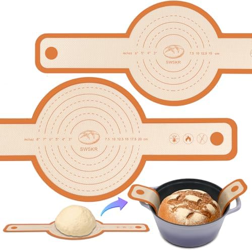 Silicone Bread Sling for Dutch Oven, 2 Sizes Non-Stick & Odor-Free Baking Mat Set, Anti-slip Reusable Bread Sling with Long Handle, Edge Sealing Design, Essential Baking Supplies (ORANGE)