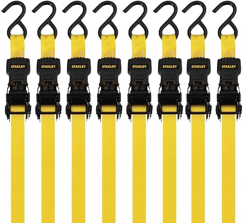 Stanley S1000 Black/Yellow 1" x 10' Ratchet Tie Down Straps - Light Cargo Hauling (1,500 lbs Break Strength), 8 Pack