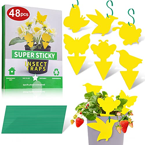 NiHome 48-Pack Yellow Sticky Fruit Fly Catcher Plant Bug Traps+25PCS Twist Ties, 6 Patterns Indoor/Outdoor Nontoxic Odorless