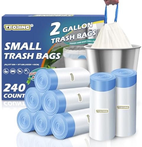 240 Count 2 Gallon Trash Bags Drawstring - Thick Small Garbage Bags Unscented,0.96 Mil White Mini Trash Can Liners,Strong Waste Basket Bags 7.5 Liter for Home Bathroom Office Car