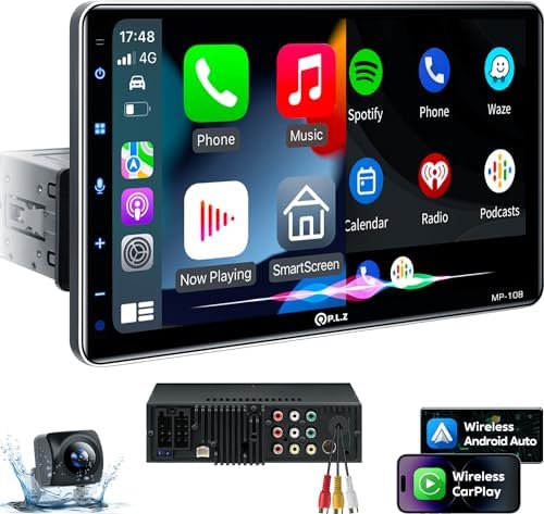 PLZ 10.1" Wireless Single Din Car Radio Stereo with Apple Carplay Android Auto Touch Screen, Car Play Audio Receivers Headunit, Bluetooth 5.3, Backup Camera, 240W, 2 Subwoofers, Navigation, FM/AM, SWC