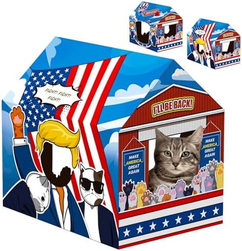 SEKAM Cardboard Cat House with Scratcher/Catnip,(16.5''x12''x15'') Kitty Meow America for Indoor/Outdoor Cats,Cat Play House&Home Decor,Cat Scratch Toy for Cat Birthday,Hideout for Bunny Small Animals